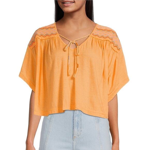FREE PEOPLE • Gold Market Embroidery Trim Tassel Toe V-Neck Short Sleeve Top - Picture 2 of 8